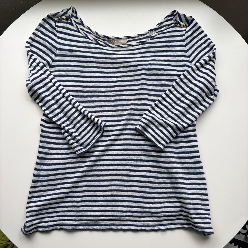 Banana Republic Linen Blend Striped Navy and White Knit Top with Gold Buttons!